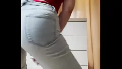Play Petite Blonde in Tight Jeans Strips and Masturbates